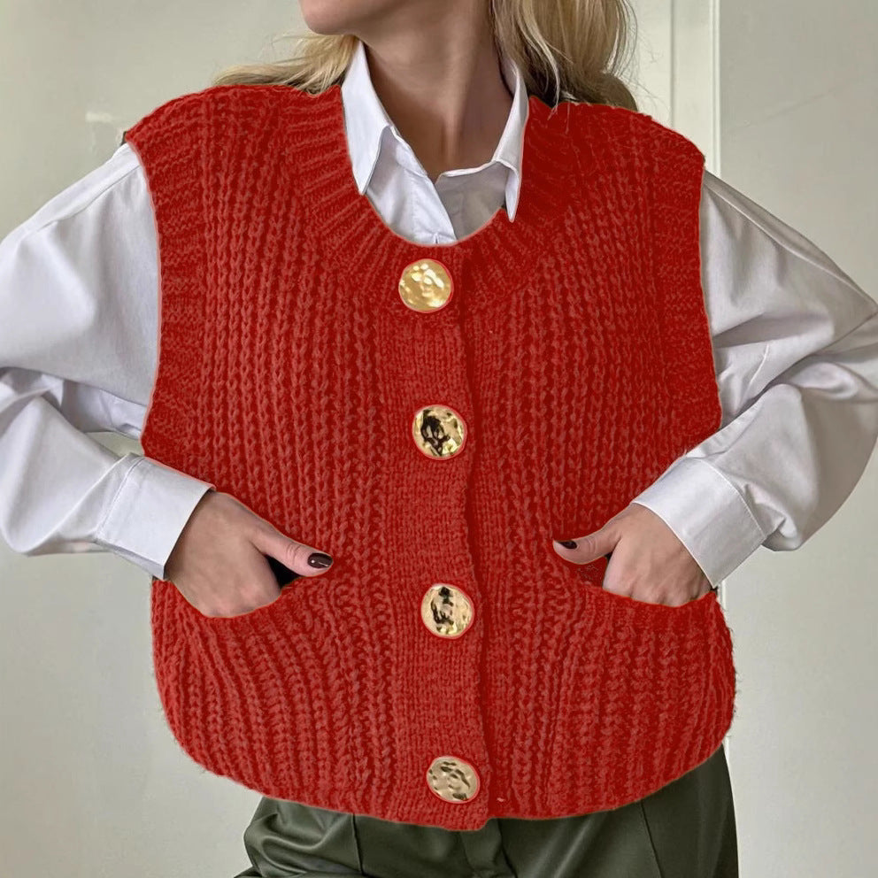 Women’s Knitted Vest – Wool Blend – Oversized Fit – Ribbed Texture – Button Front – Pockets