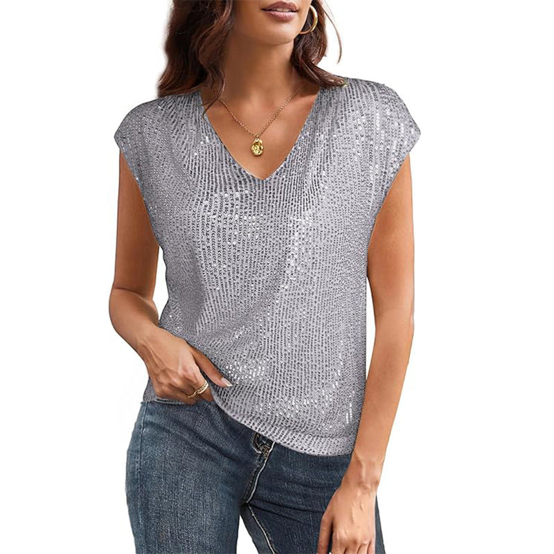 Women's Sparkly V-Neck Top – Short Sleeve – Elegant Fit – Metallic Shine