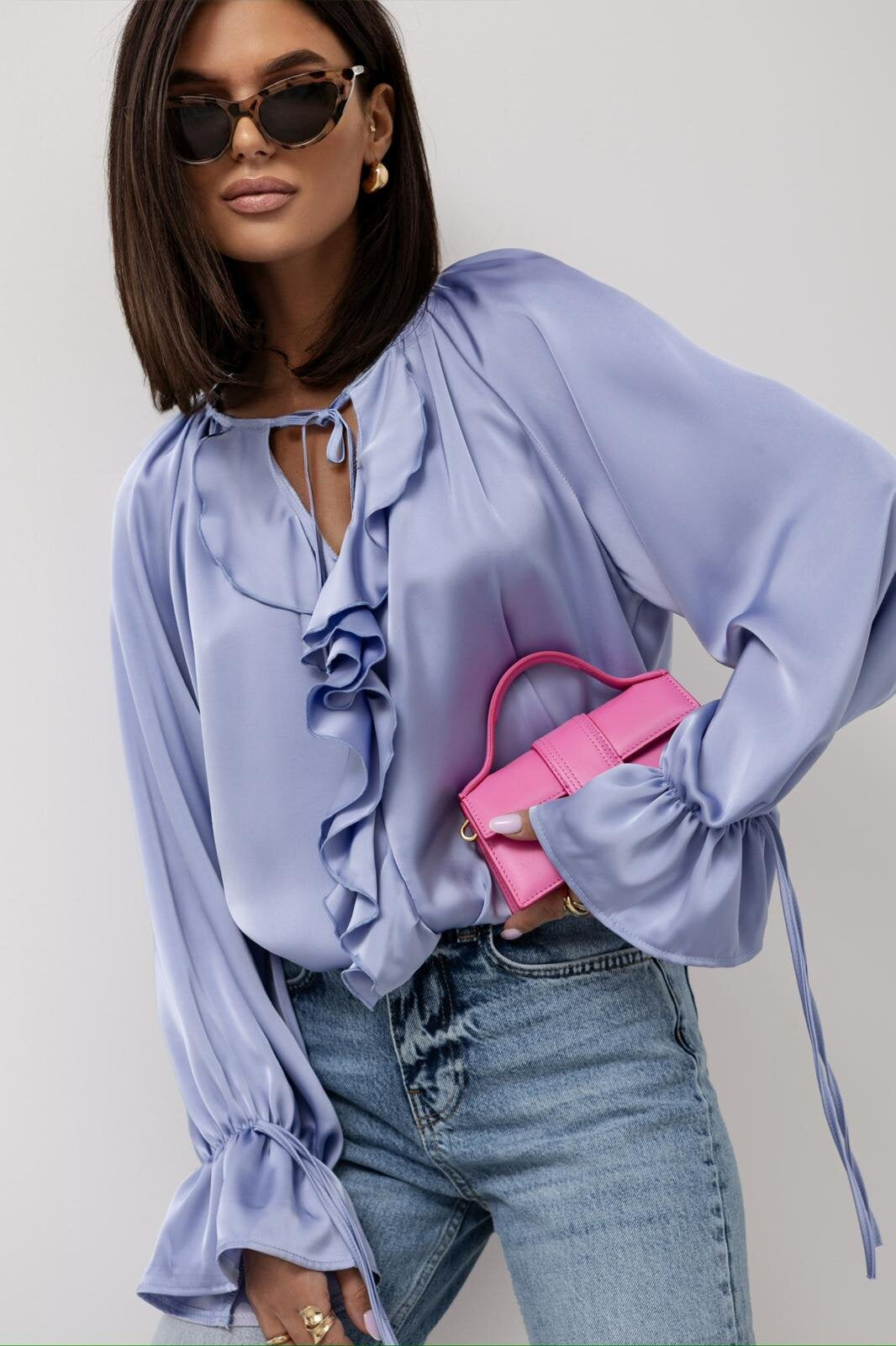 Women's Blouse – Satin Finish – Relaxed Fit – Tie Neck with Ruffles – Long Sleeves