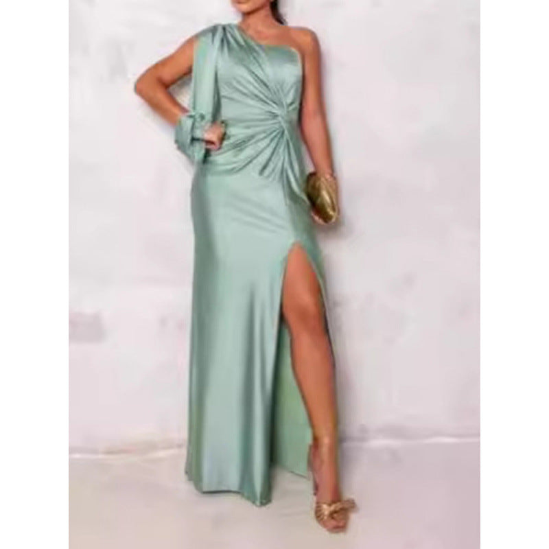 Dress for Women – Maxi Length – Single Shoulder – Satin – Slim Fit – High Slit