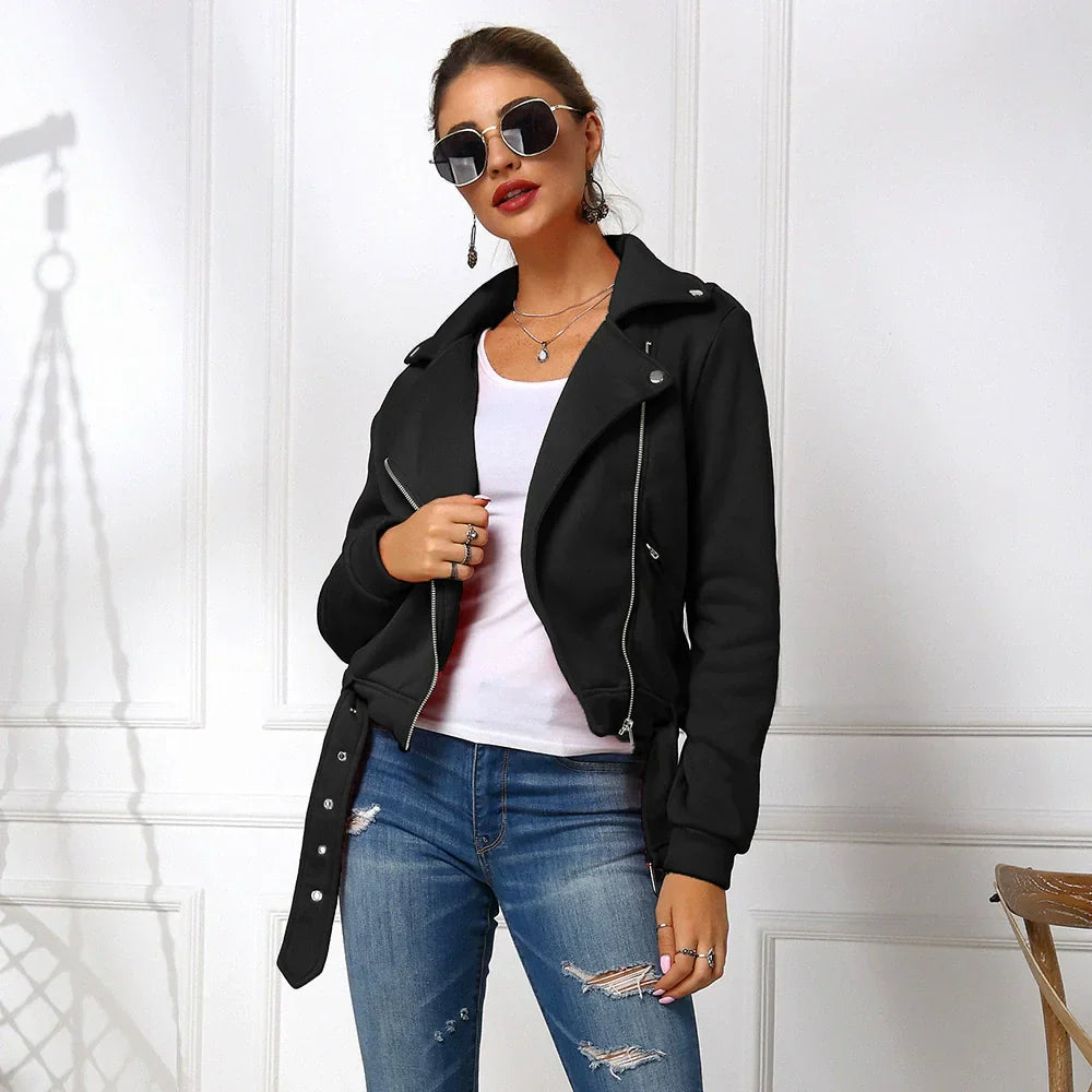 Women’s Cropped Jacket – Slim Fit – Cotton Blend – Asymmetrical Zip – Belted Hem