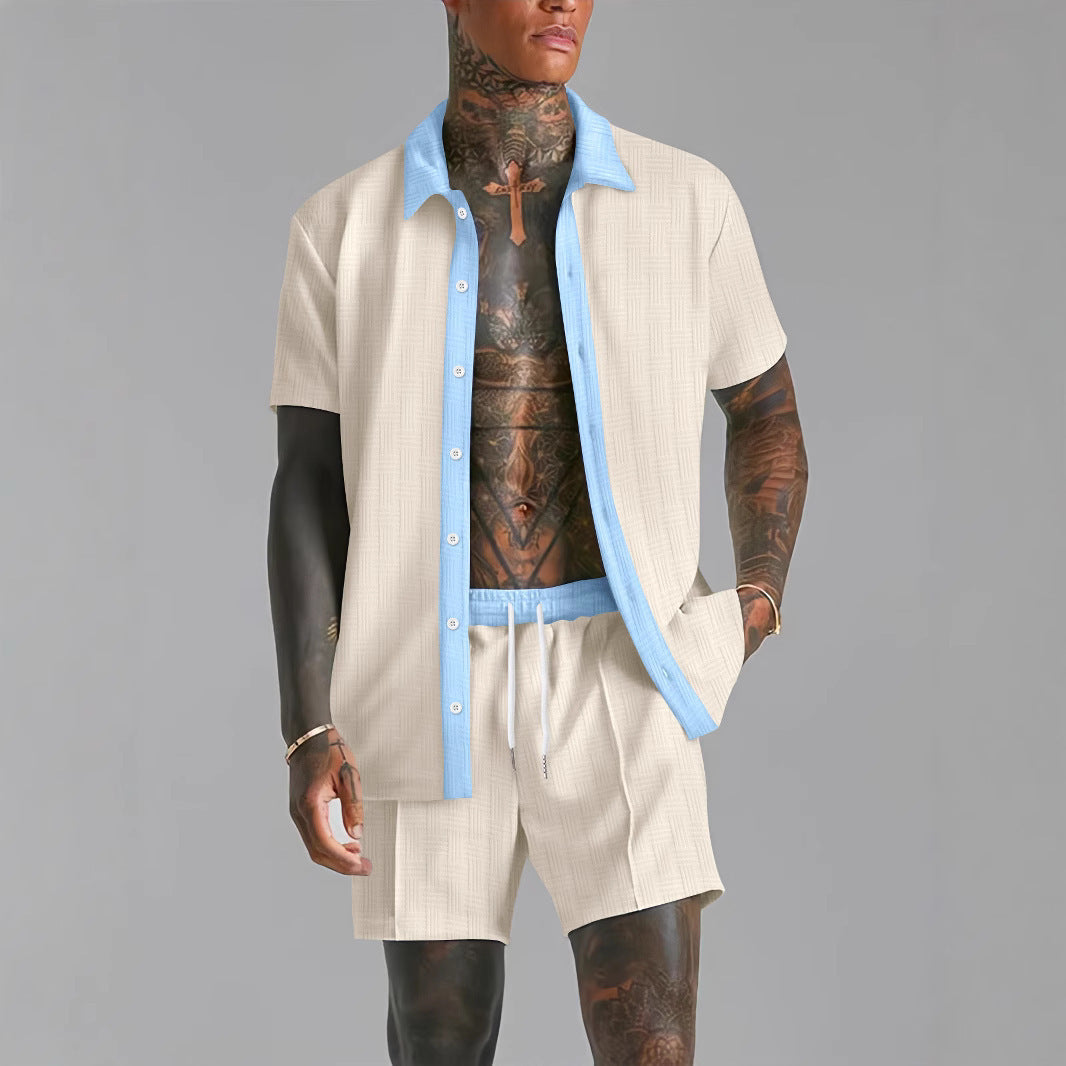 Men's Cotton Blend Shirt and Shorts Set with Relaxed Fit, Button Closure, Elastic Waist