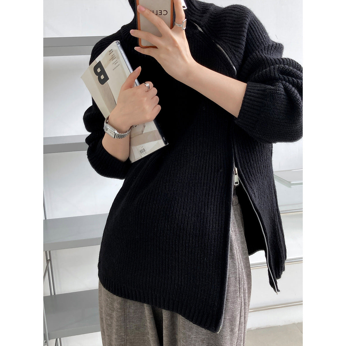 Women’s Knit Sweater – Wool Blend – Oversized Fit – High Collar – Side Zipper