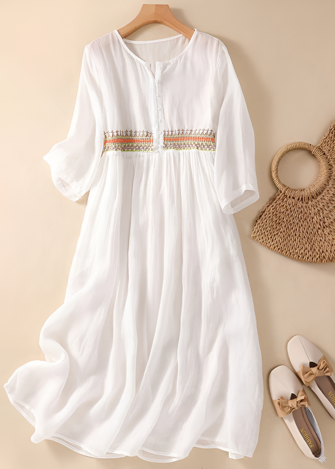 Women's Patterned Midi Dress with Flowy Skirt and Adjustable Straps - TrendAura