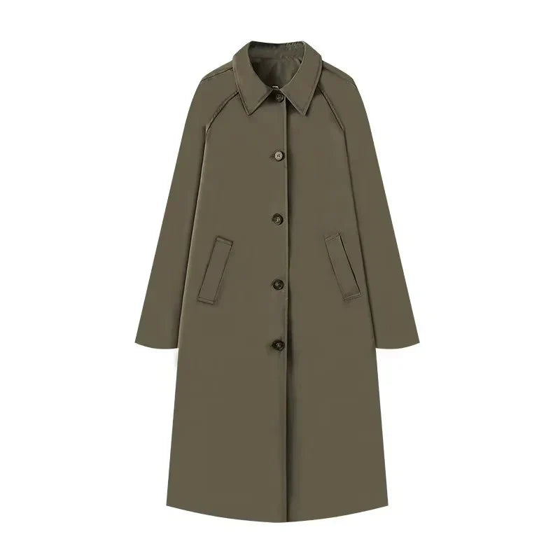 Women’s Coat – Midi Length – Relaxed Straight Fit – Wool Blend – Raglan Sleeves – Button Closure