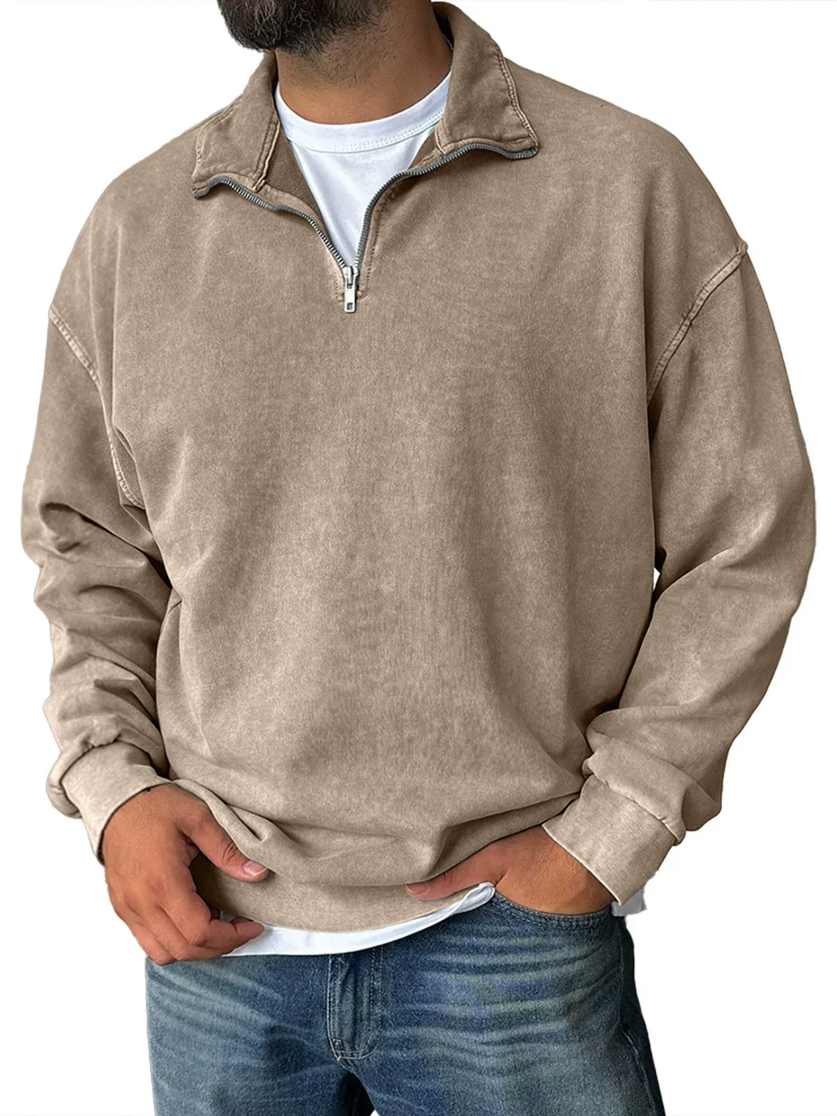 Mens Relaxed Fit Half Zip Sweatshirt With Stand Collar Cotton Blend Drop Shoulder
