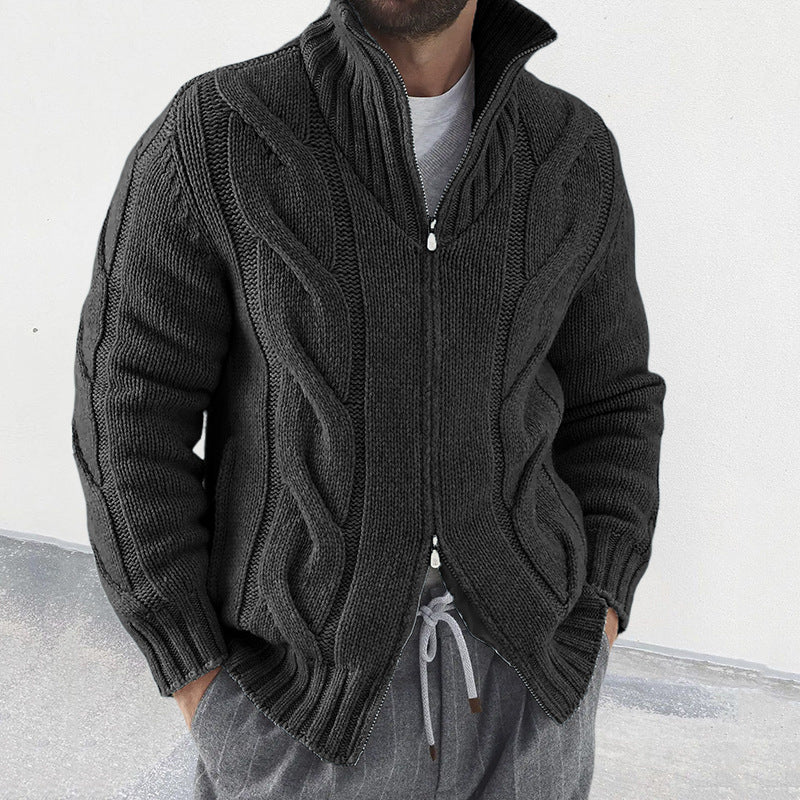 Men's Wool Blend Cardigan With Cable Knit Sleeves Zipper High Neck Relaxed Fit Grey