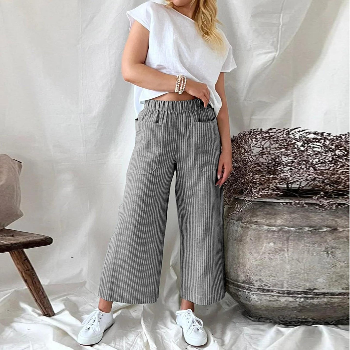 Melissa Loose Stripe Cotton Linen Pants For Women Comfortable Wide Leg Style Breathable Everyday Comfort