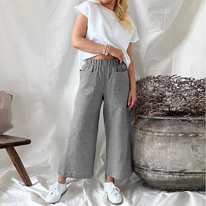 Melissa Loose Stripe Cotton Linen Pants For Women Comfortable Wide Leg Style Breathable Everyday Comfort