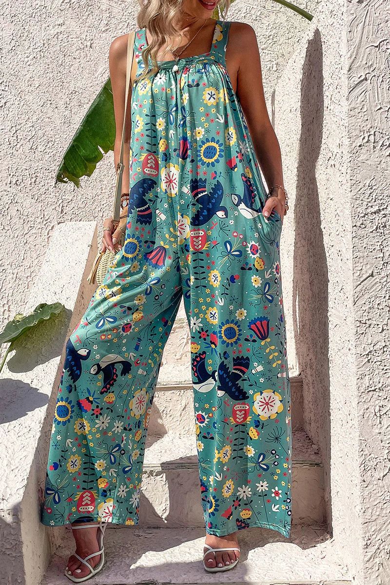 Women's Jumpsuit – Loose Fit – Wide Legs – Light Material – Printed Strapless Design