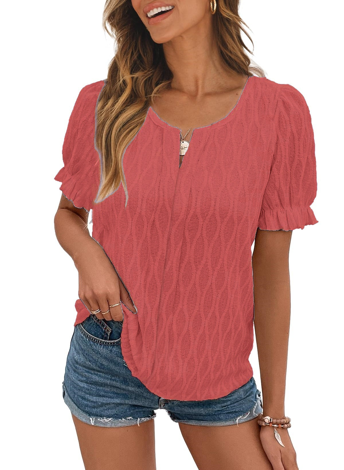 Jacquard Puff Sleeve Top For Women Trendy Loose Fit Comfortable Casual Everyday Wear