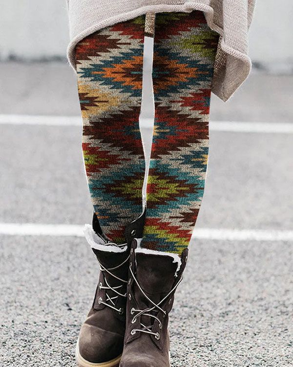 Women’s Leggings – Stretch Fit – Breathable Knit – Geometric Pattern – Full Length