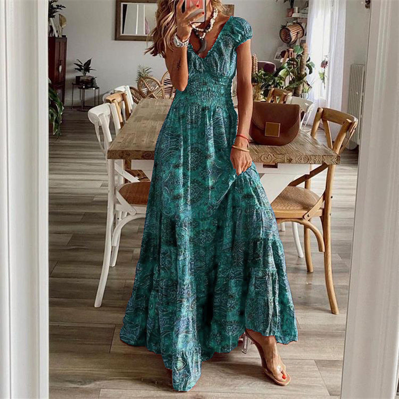 Women’s Maxi Dress – V-Neck – Smocked Bodice – Tiered Skirt – Breathable Cotton
