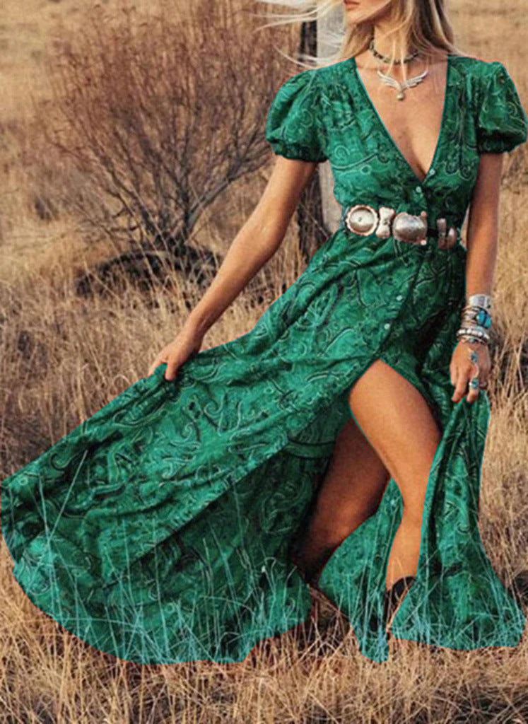 Women’s Maxi Dress – Fitted Waist – Puff Sleeves – Front Slit – Button Detail