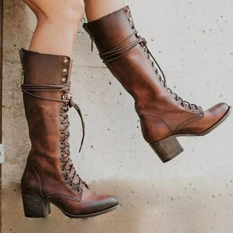 Women's Knee High Boots with Lace Up Front and Chunky Heel