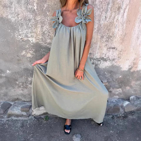 Women’s Maxi Dress – Relaxed Fit – Floral Shoulder Detail