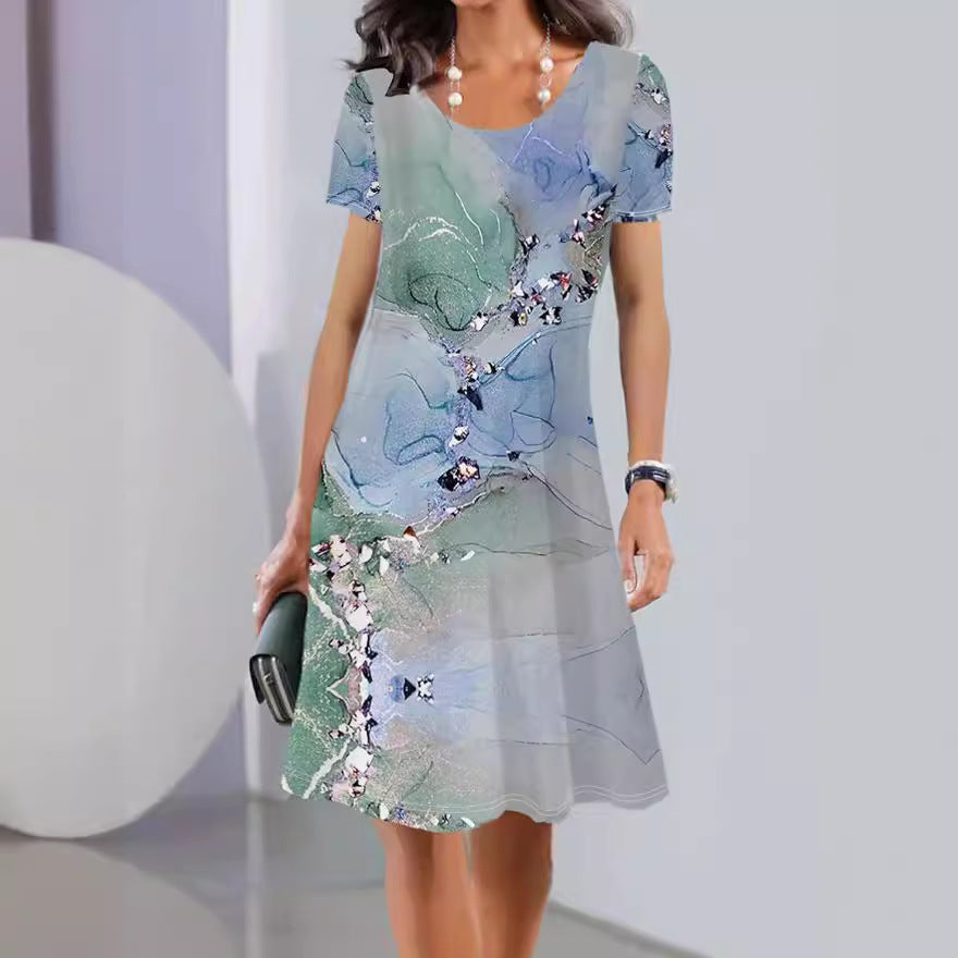 Women’s A-Line Dress – Floral Print – Short Sleeve – Cotton Feel – Knee Length