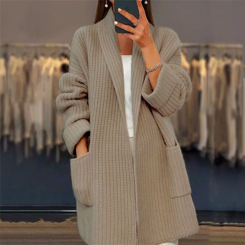 Women's Cardigan – Oversized Fit – Thick Wool Mix – Open V-Neck – Long Sleeves