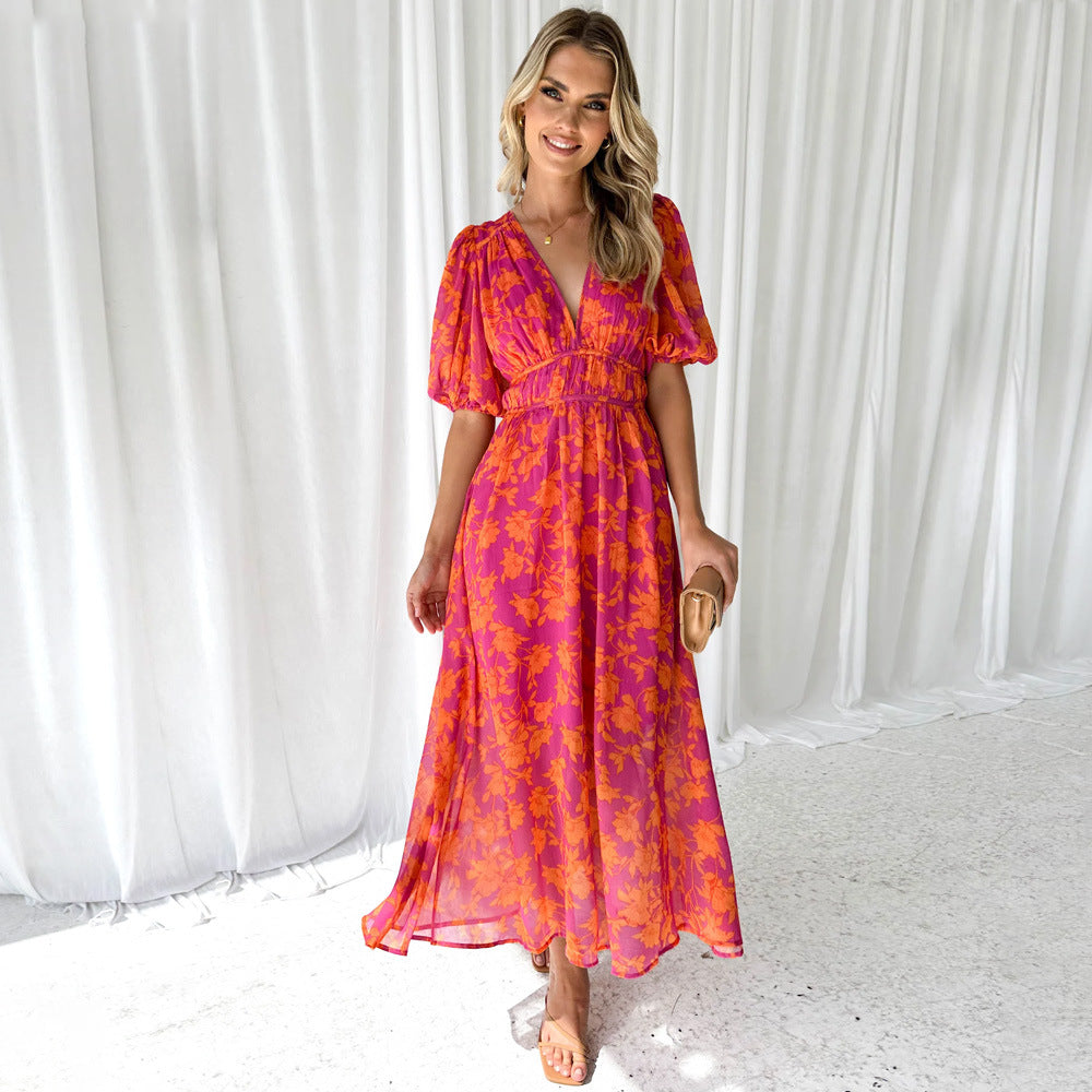 Women’s Maxi Dress – A-Line Fit – V-Neck – Voluminous Sleeves