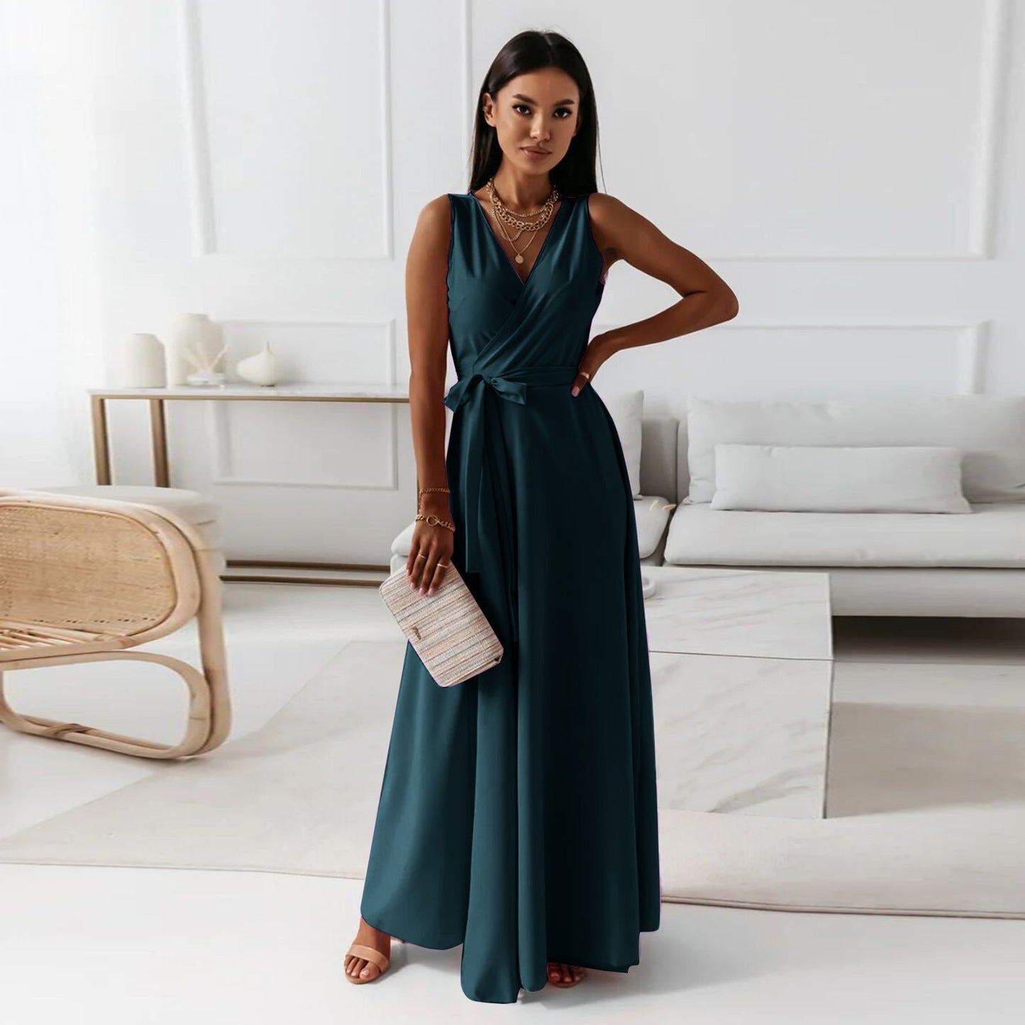 Women's Maxi Dress - Sleeveless V-Neck - Elegant Tailored Fit - Long Party Dress