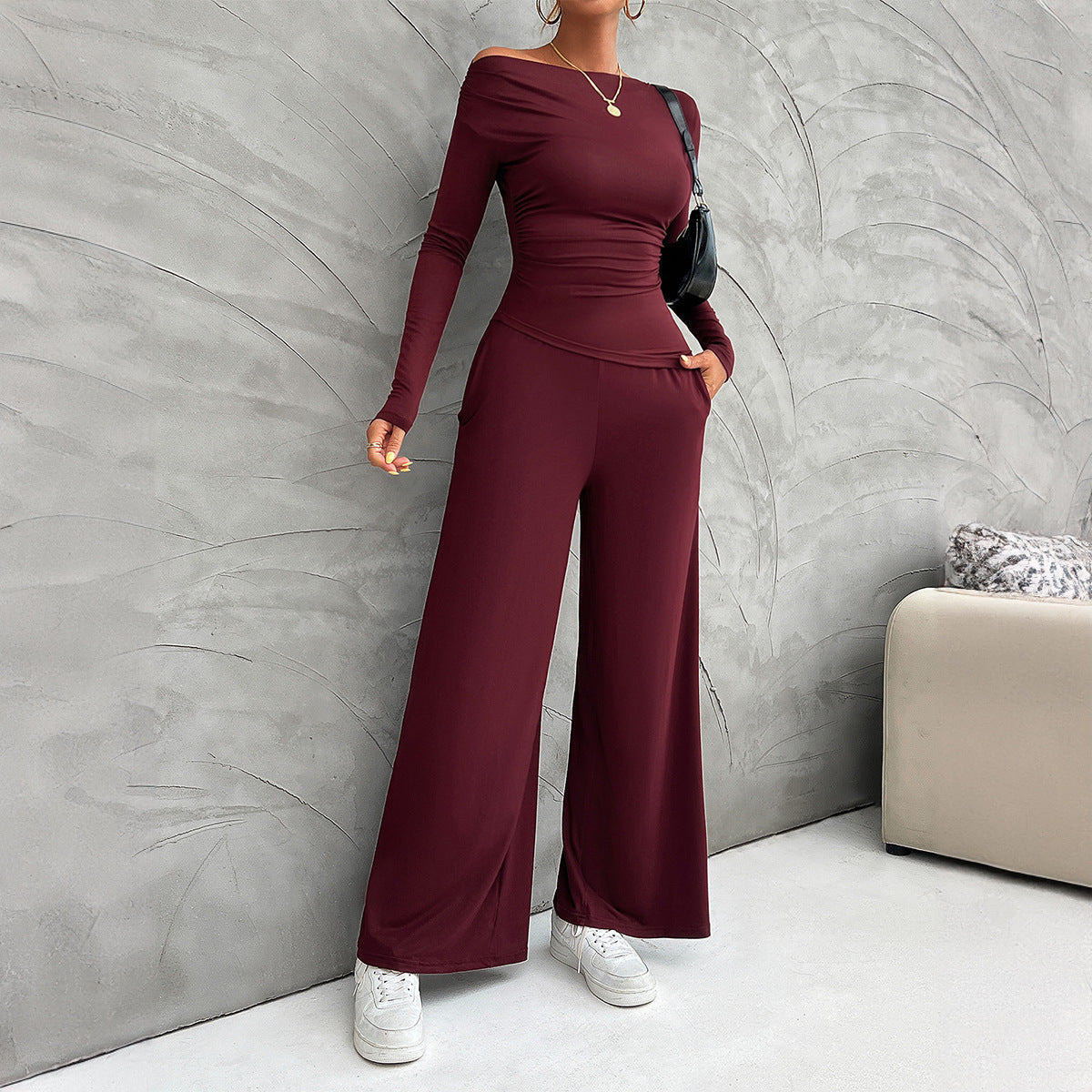 Nordic Flair Women's Suit Set Slim Fit Long Sleeve Top High Waisted Wide Leg Pants