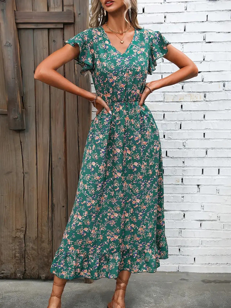 Women's Midi Dress – Cotton Blend – V-Neck – Ruffle Sleeves – Ruched Waist – Relaxed Fit