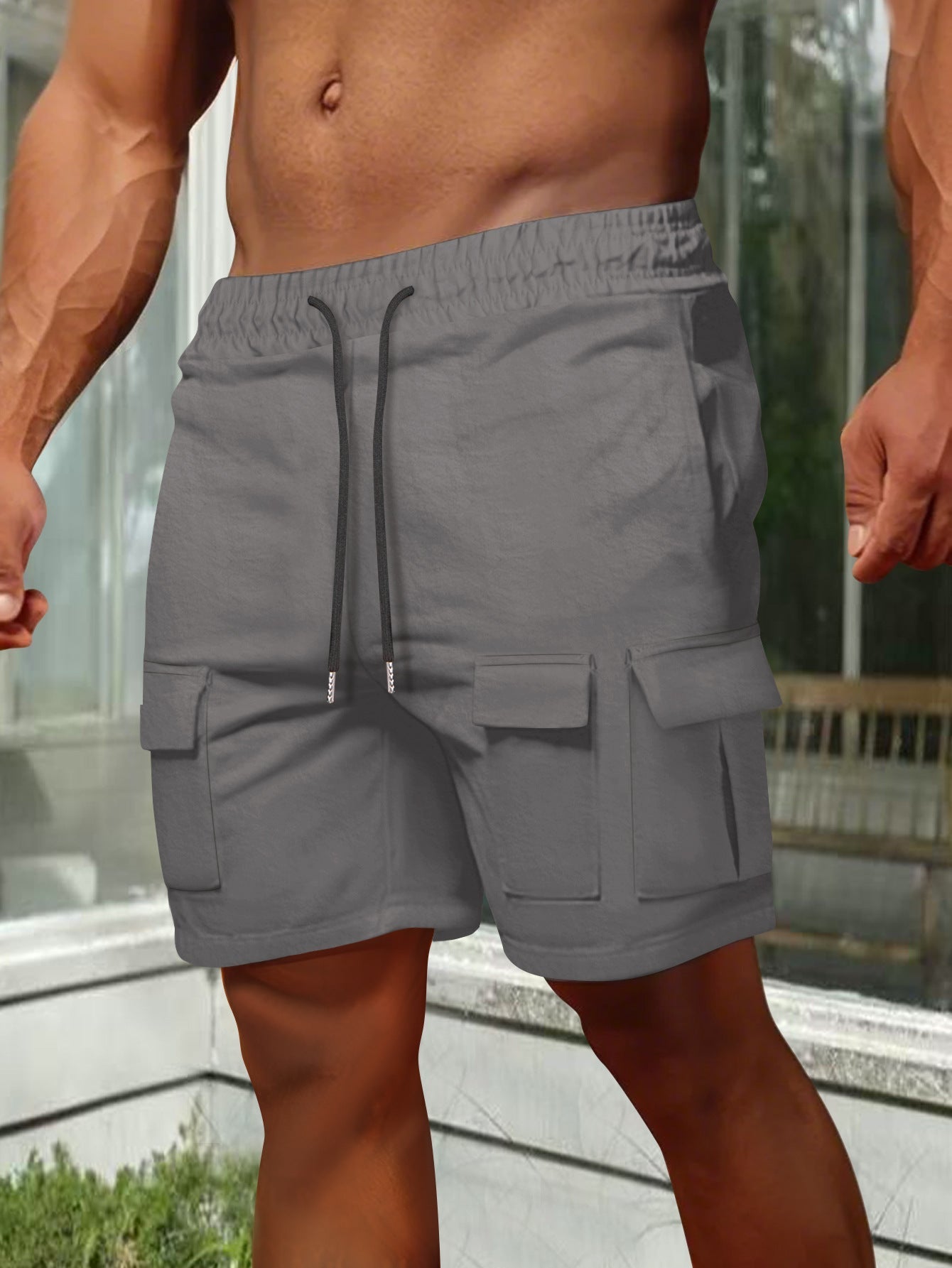 Mens Cargo Shorts Olive Relaxed Fit Breathable Cotton Blend Elastic Waist Utility Pockets