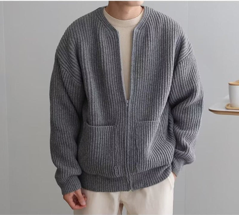 Men's Cotton Blend Cardigan Jacket With Band Collar Oversized Fit Full Zip Closure For Layering