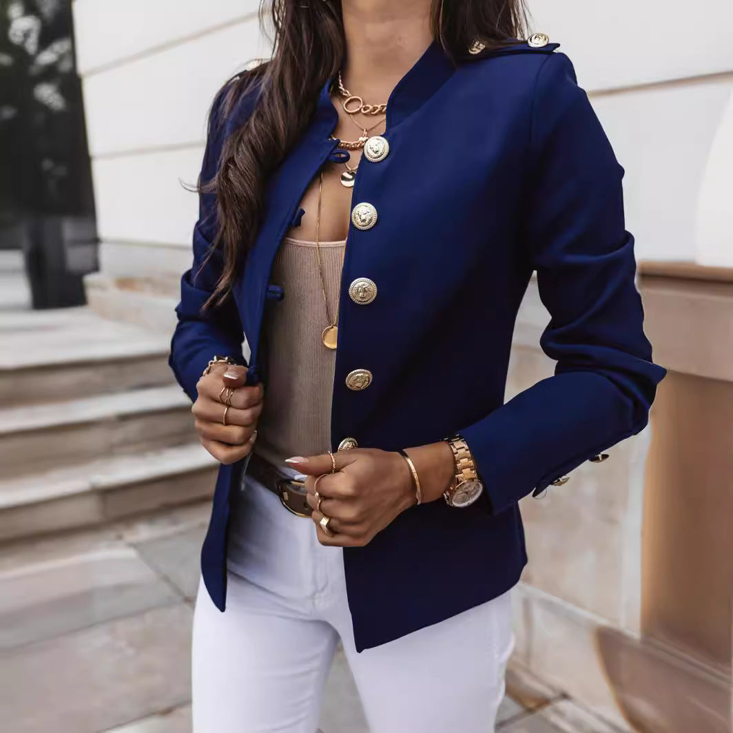 Women’s Blazer – Slim Fit – Mandarin Collar – Metallic Button Detail – Short Length