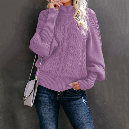 Chunky knit sweater for women with high collar and voluminous sleeves