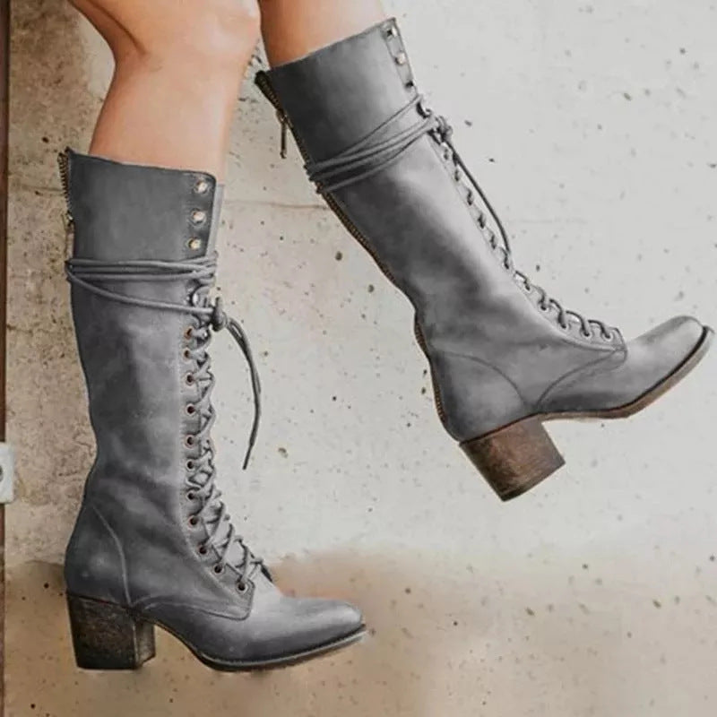 Women's Knee High Boots with Lace Up Front and Chunky Heel