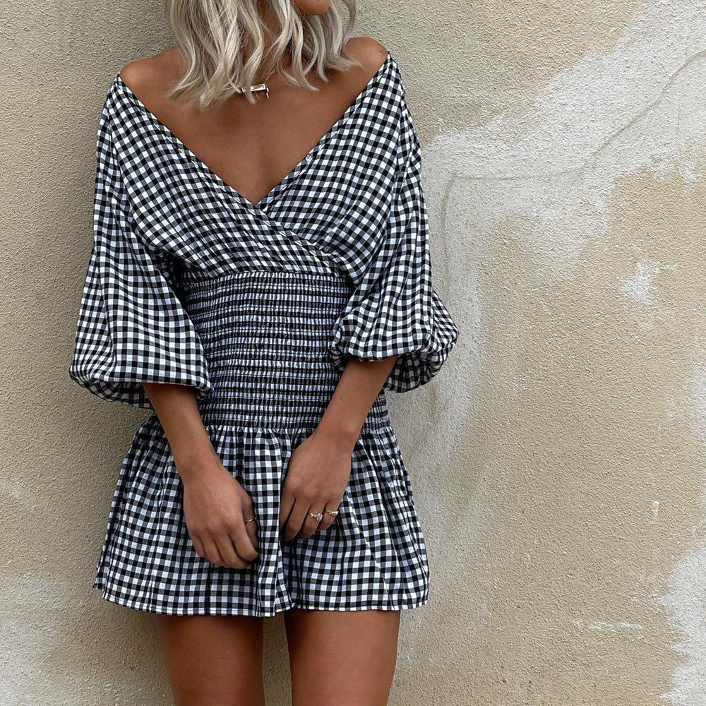 Women's Mini Dress – Cotton Blend – V-Neck – Puff Sleeves – Smocked Waist – Gingham Pattern