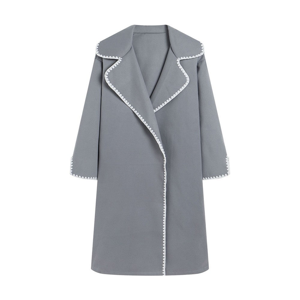 Women’s Windbreaker Jacket – Wool – Oversized Fit – Lapel – Shell Embroidery