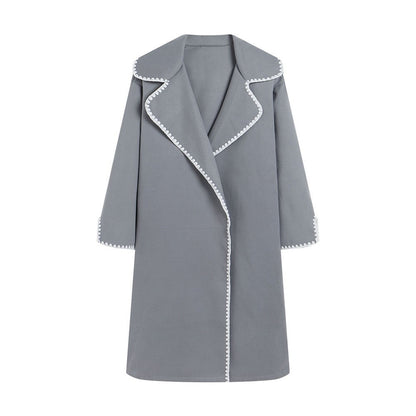 Women’s Windbreaker Jacket – Wool – Oversized Fit – Lapel – Shell Embroidery