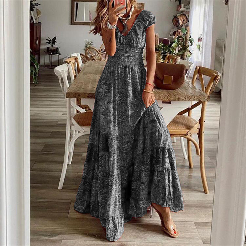 Women’s Maxi Dress – V-Neck – Smocked Bodice – Tiered Skirt – Breathable Cotton