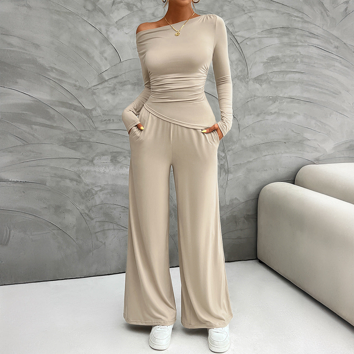 Nordic Flair Women's Suit Set Slim Fit Long Sleeve Top High Waisted Wide Leg Pants