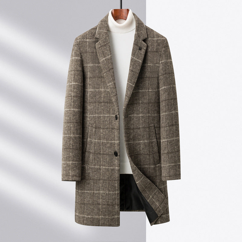 Men Wool Blend Overcoat Plaid Check Pattern Mid Length Notch Lapel Two Button Front Closure Classic Coat