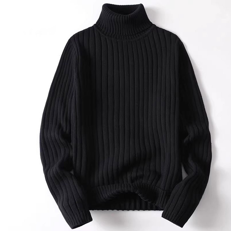 Mens Cotton Blend Fold Over Turtleneck Sweater Ribbed Knit Long Sleeve Hip Length Blue