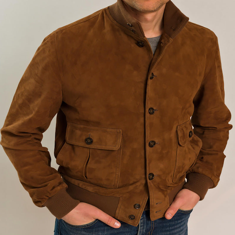 Men's Suede Jacket Slim Fit With Stand Collar Button Closure And Ribbed Cuffs Premium Outerwear