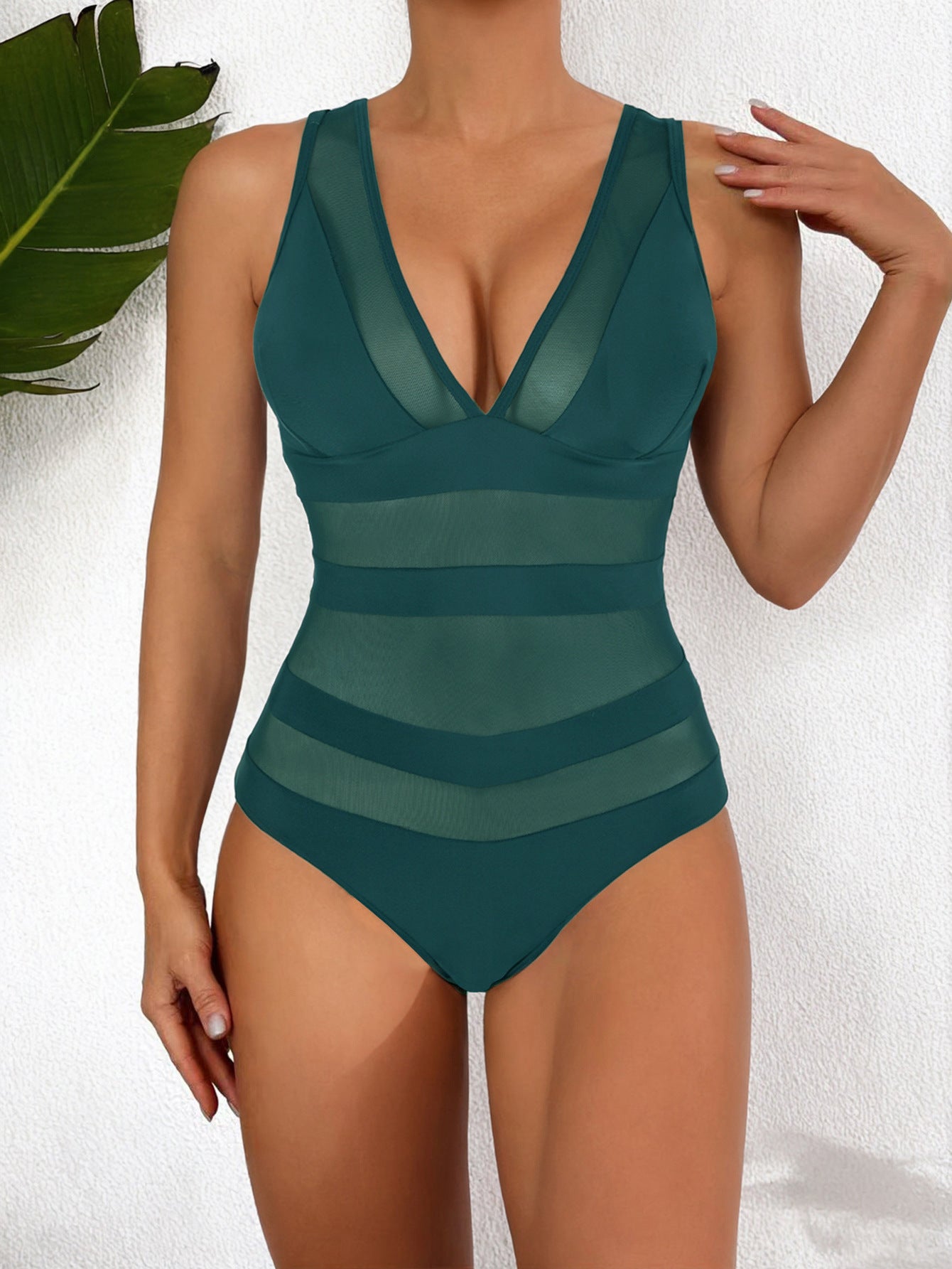 Women’s One-Piece Swimsuit – Form-Fitting – Deep V-Neck – Mesh Panel – High-Cut Leg