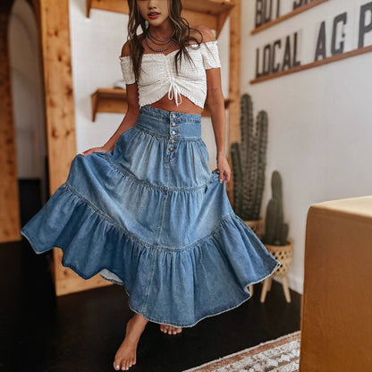 Women's Skirt – A-line Fit – Denim – Mid-length – Button Closure – Layered Design
