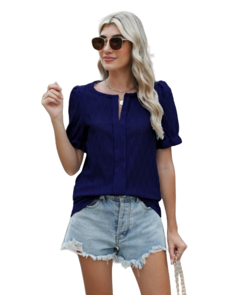 Jacquard Balloon Sleeve Top For Women Loose Fit Elegant Comfortable Everyday Chic