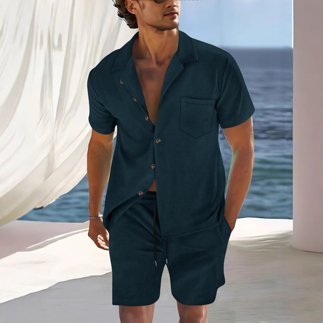 Men's Set With Shirt And Shorts Relaxed Fit Cuban Collar Light Cotton Blend For Summer