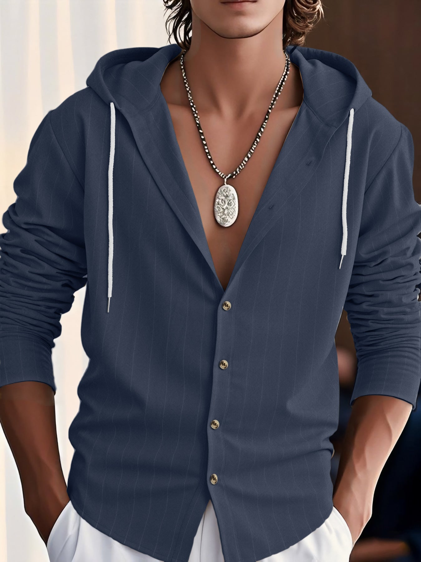 Men's Hooded Blouse In Cotton Blend, Relaxed Fit, Button Front, Textured Stripes Pattern