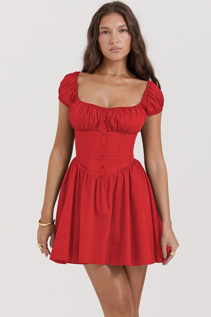 Women's Mini Dress – Slim Fit – Puff Sleeves – Square Neck – Button Closure – Lightweight