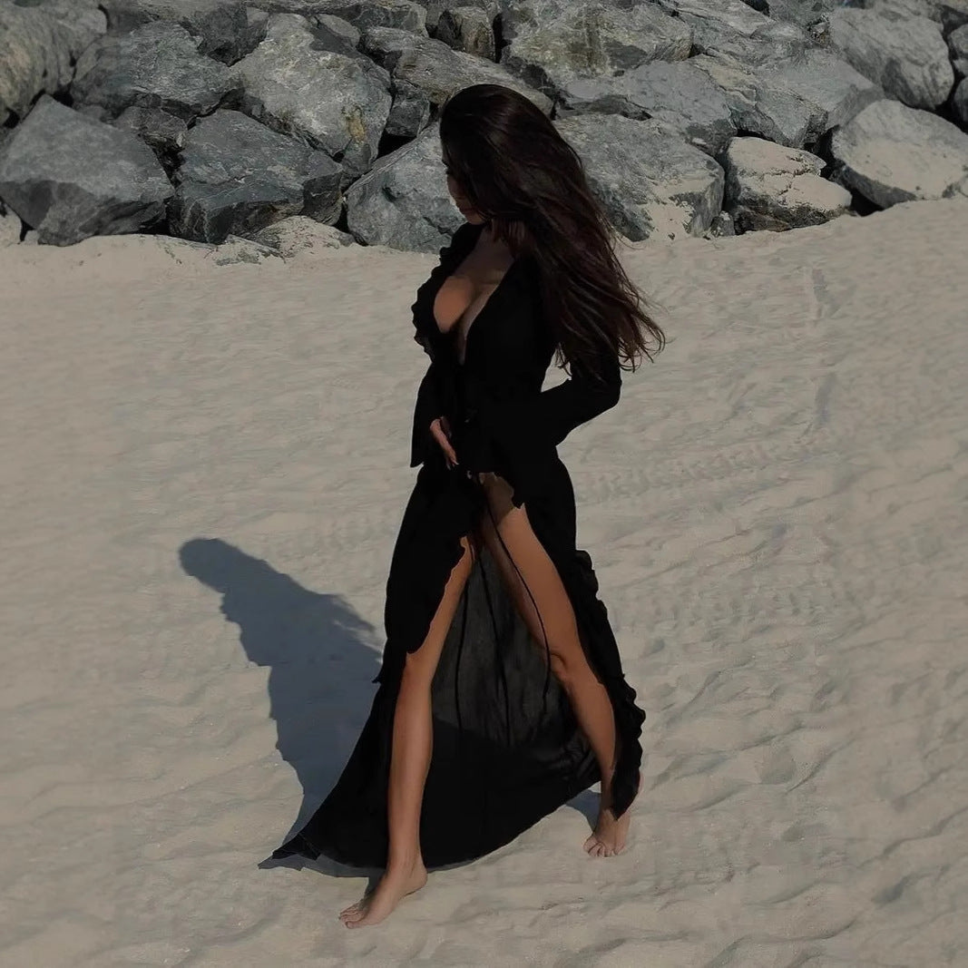 Women's Beach Dress – Long-Sleeved – Light and Breathable – Open Front with Ruffle Details
