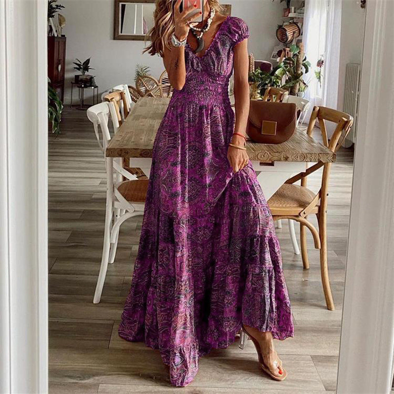 Women’s Maxi Dress – V-Neck – Smocked Bodice – Tiered Skirt – Breathable Cotton