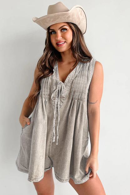 Women's Romper – Denim – Loose Fit – Sleeveless – Laced V-neck – Short Legs
