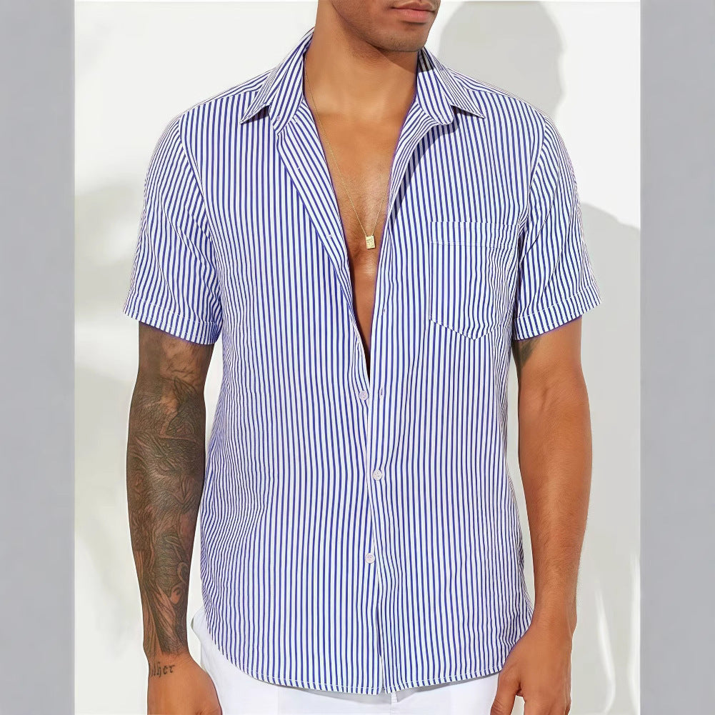 Nordic-Flair Men's Cotton Blend Striped Short Sleeve Shirt Relaxed Fit Everyday Casual