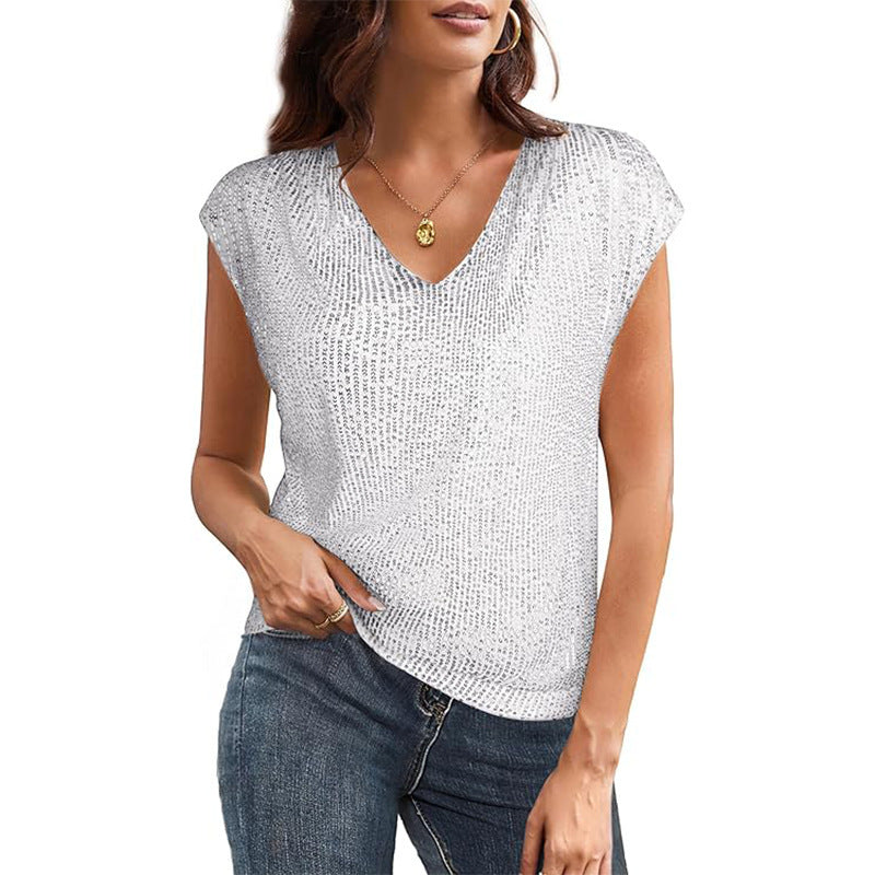 Women's Sparkly V-Neck Top – Short Sleeve – Elegant Fit – Metallic Shine